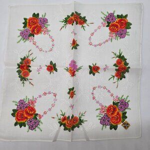 Vintage White Handkerchief With Orange Roses & Purple Floral Embroidery